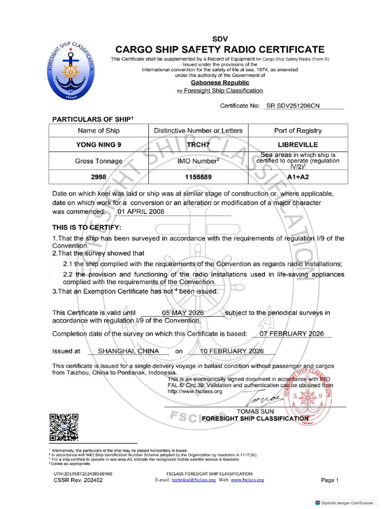 5-Yong Ning 9 - (Cssrc) Cargo Ship Safety Radio Certificate 货船无线电安全证书 ...