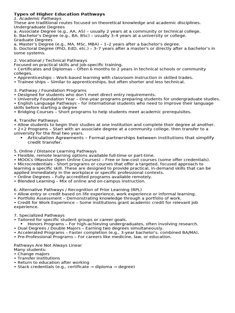 Types of Higher Education Pathways | PDF | Academic Degree | Bachelor's ...