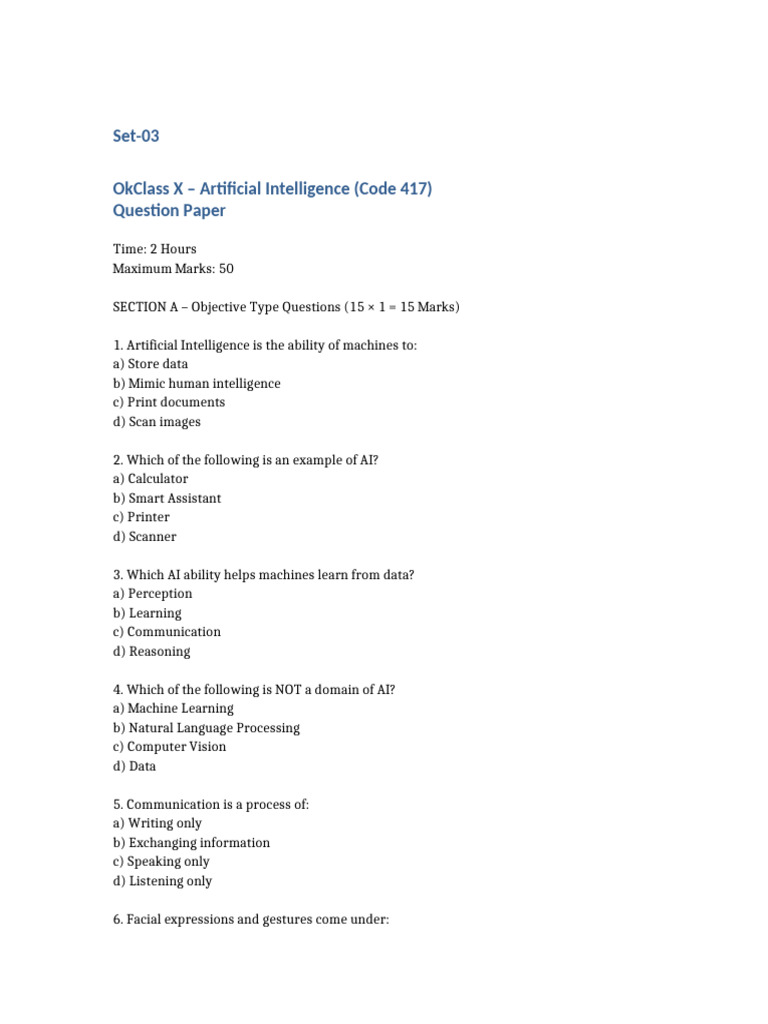 Set 3, Class - 10 - AI - Code - 417 - Question - Paper - 50 - Marks ...