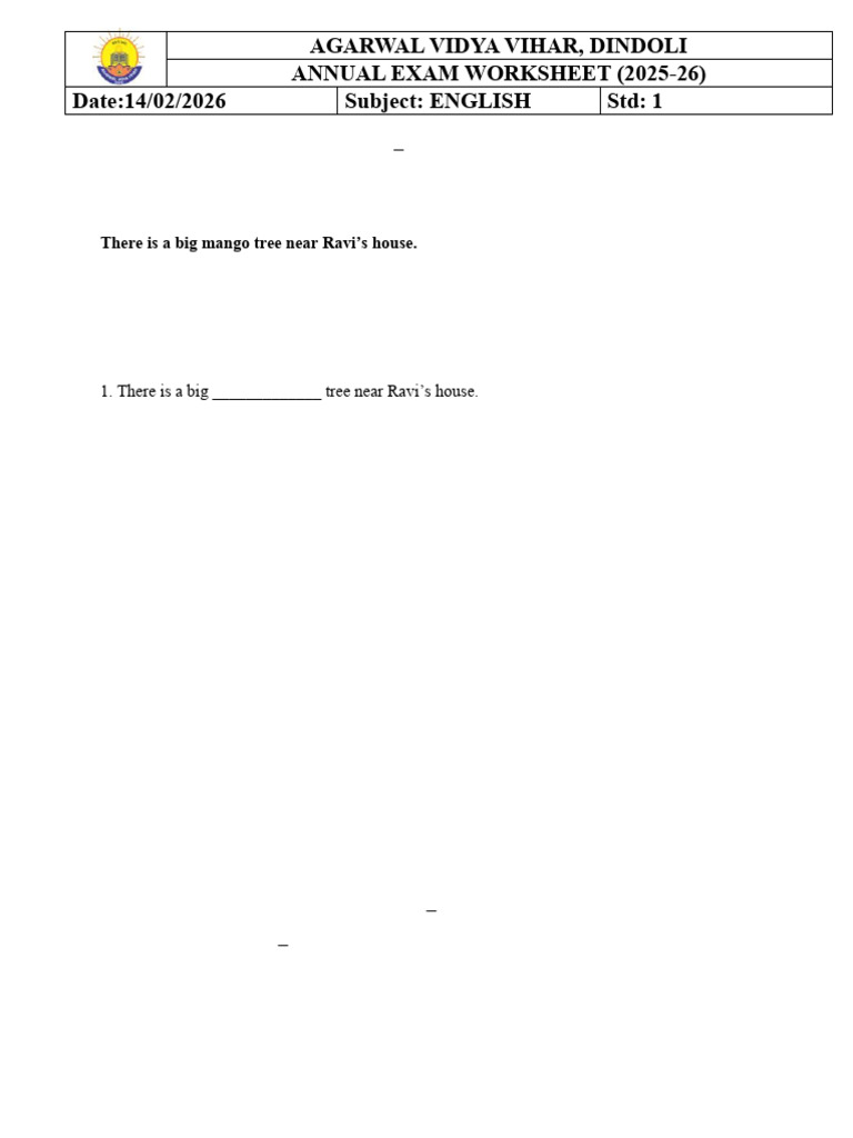 STD 1 ENGLISH Revision Worksheet AE | PDF
