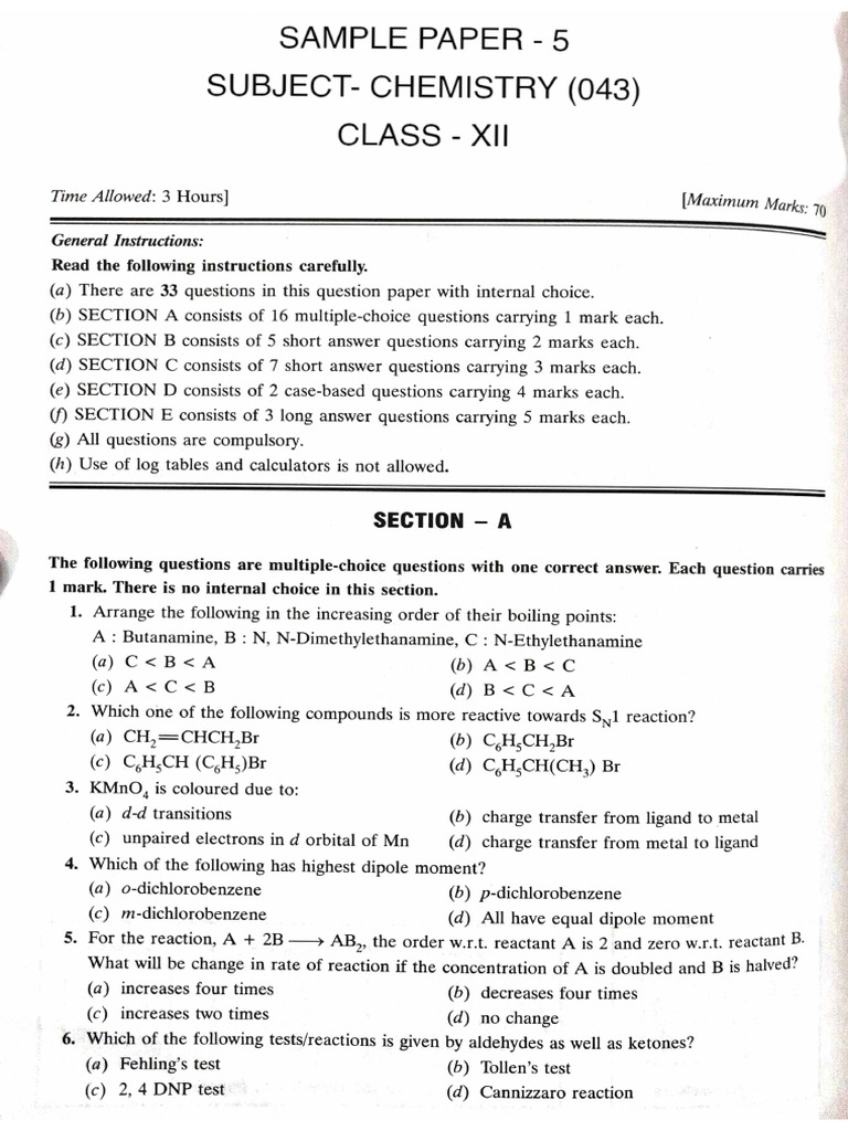 Chemistry Sample Paper 5 | PDF