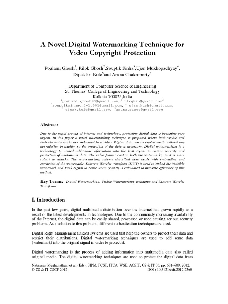 A Novel Digital Watermarking Technique For Video Copyright Protection ...