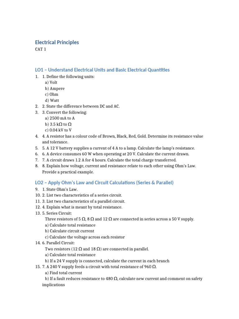Electrical Principles Exam | PDF | Series And Parallel Circuits | Resistor