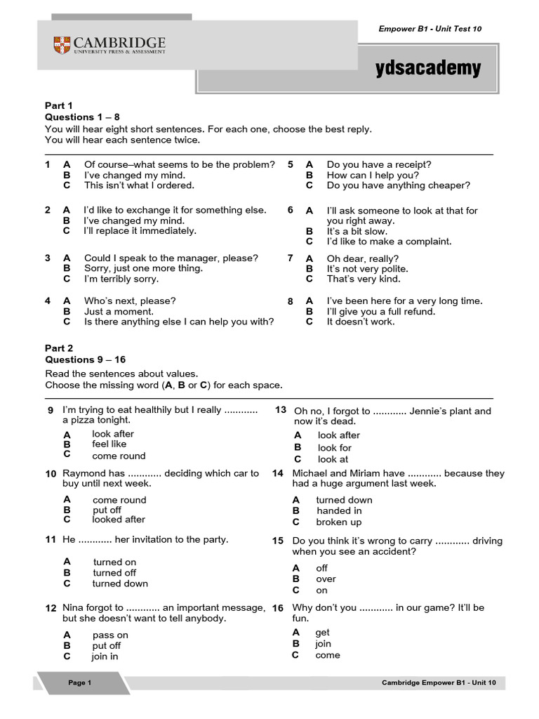 Empower b1 Unit Test 10 | PDF