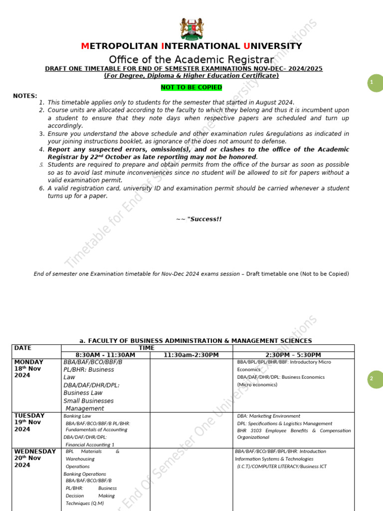 Draft ONE Time Table For End of Semester Examination NOV-DEC 2024 | PDF ...