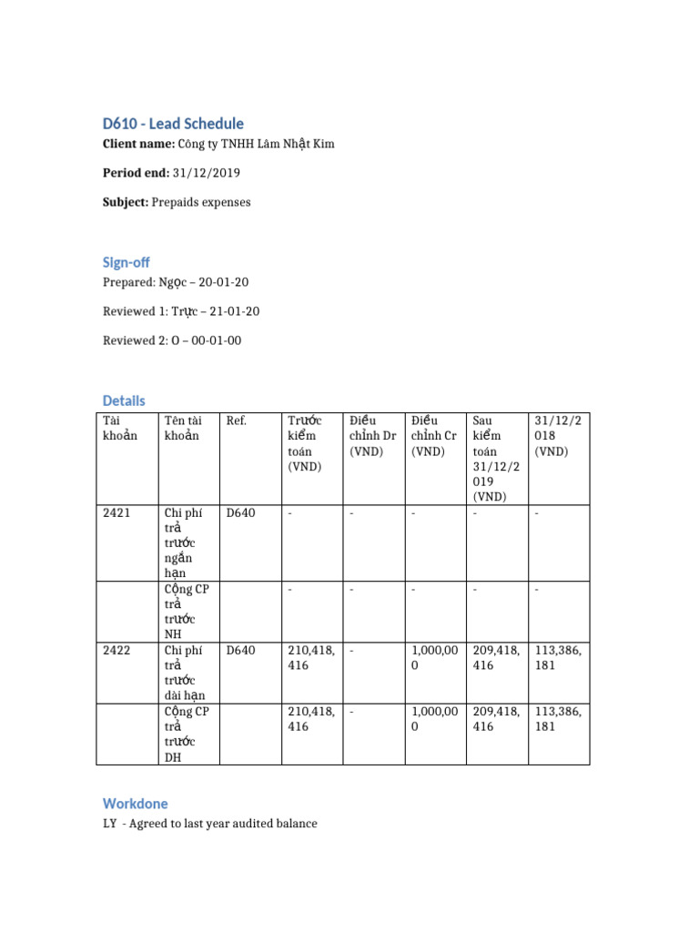 D610 Lead Schedule Prepaids Expenses | PDF