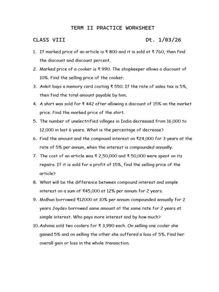 Term II Practice Worksheet - 1 March | PDF
