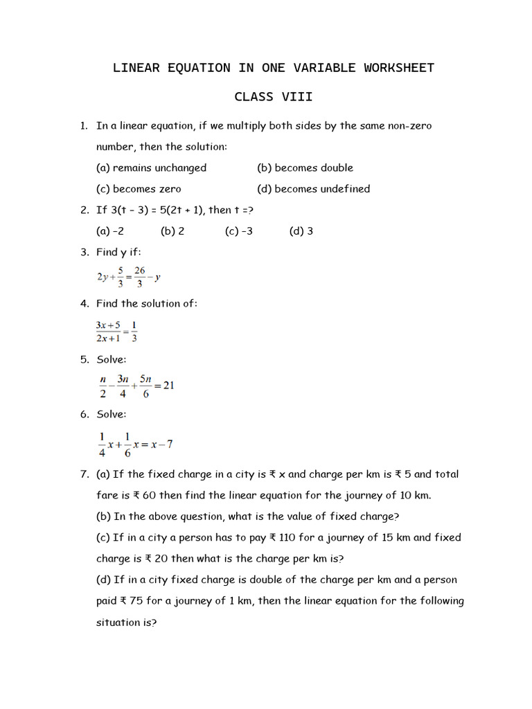 Linear Equation in One Variable Worksheet - 23 Feb | PDF