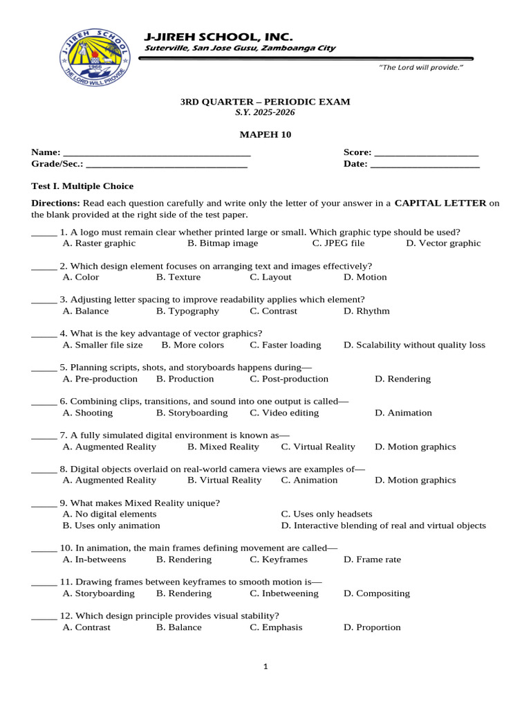 g10 Mapeh q3 Periodic Exam | PDF | Graphics | Rendering (Computer Graphics)