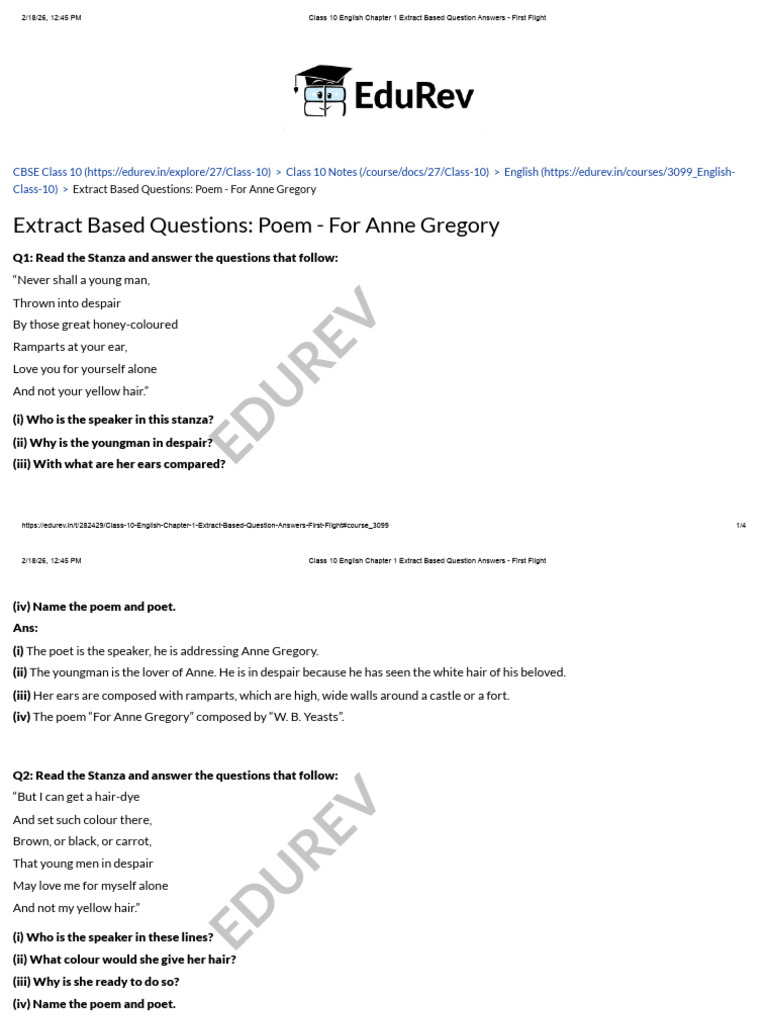 Class 10 English Chapter 1 Extract Based Question Answers - First ...