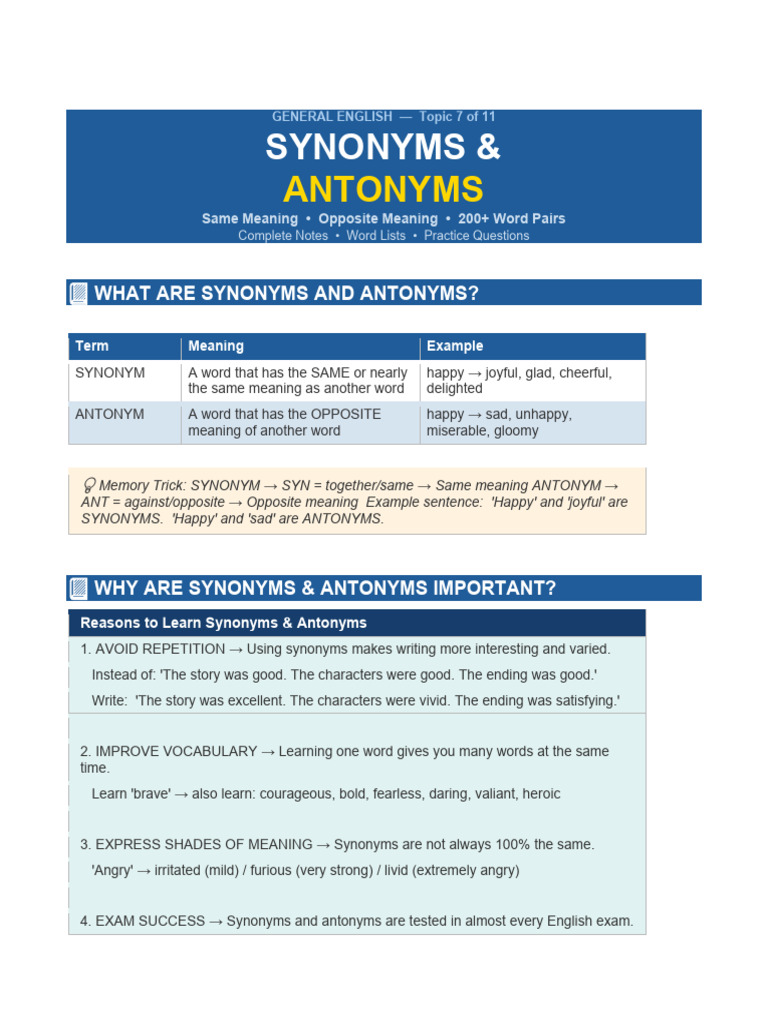 Topic 7 Synonyms Antonyms | PDF | Courage | Anxiety