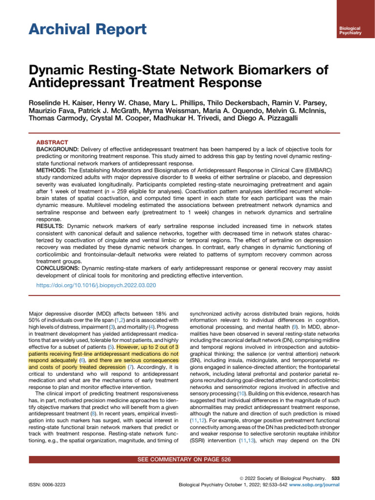 Dynamic Resting-State Network Biomarkers of Antidepressant Treatment ...