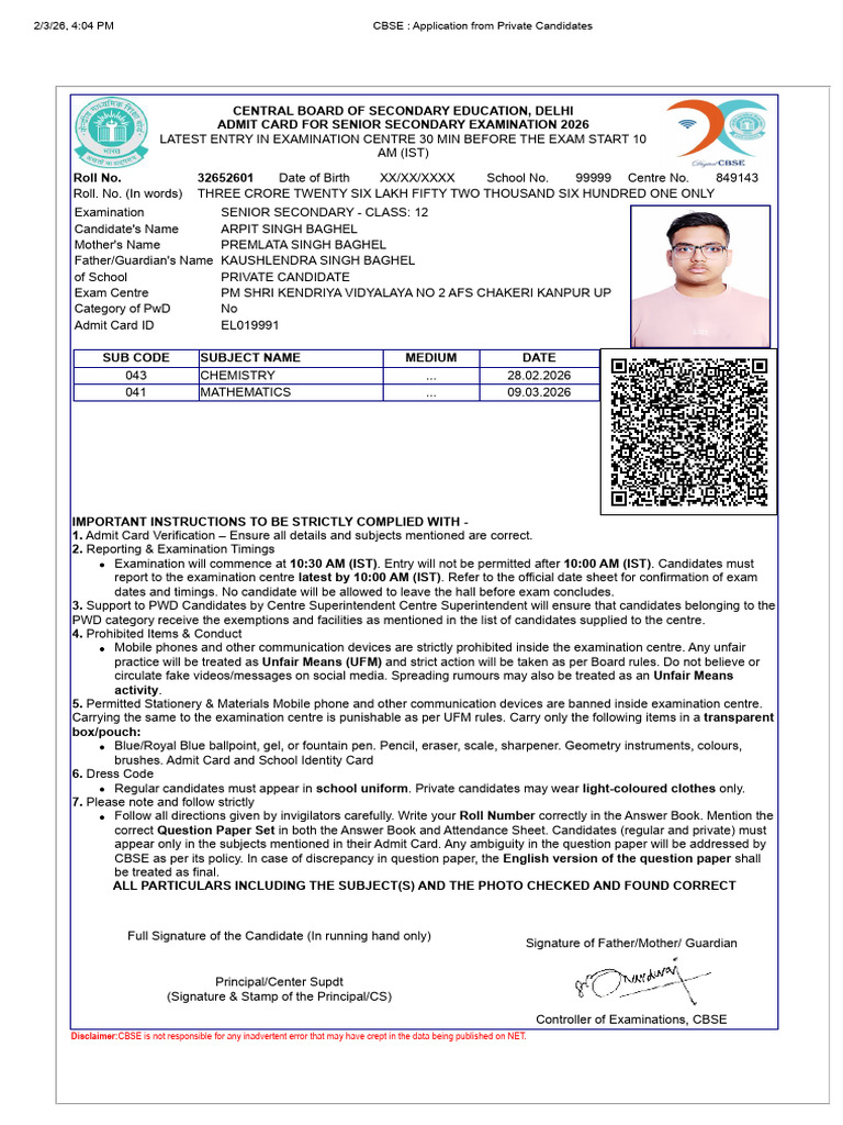 CBSE - Application From Private Candidates | PDF