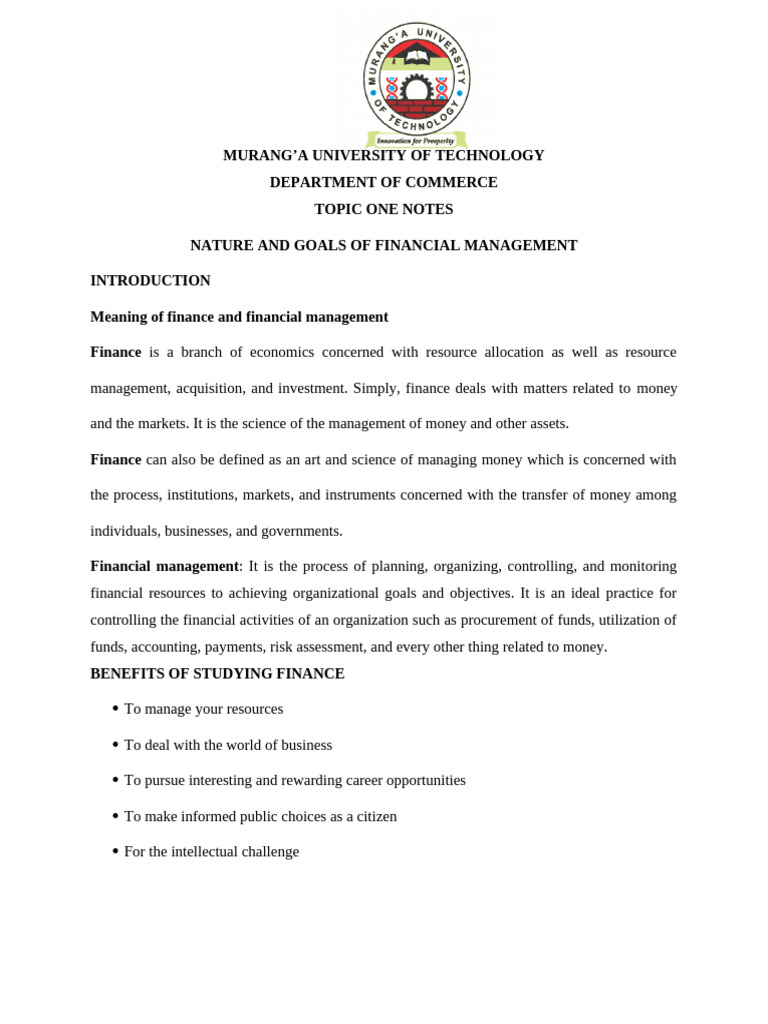 Topic 1 Nature and Goals of Financial Management | PDF | Capital Asset ...
