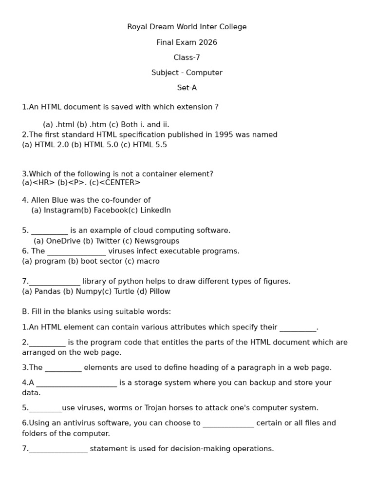 Class 7 Comp - Final 2025-26 | PDF | Html | Computer Virus