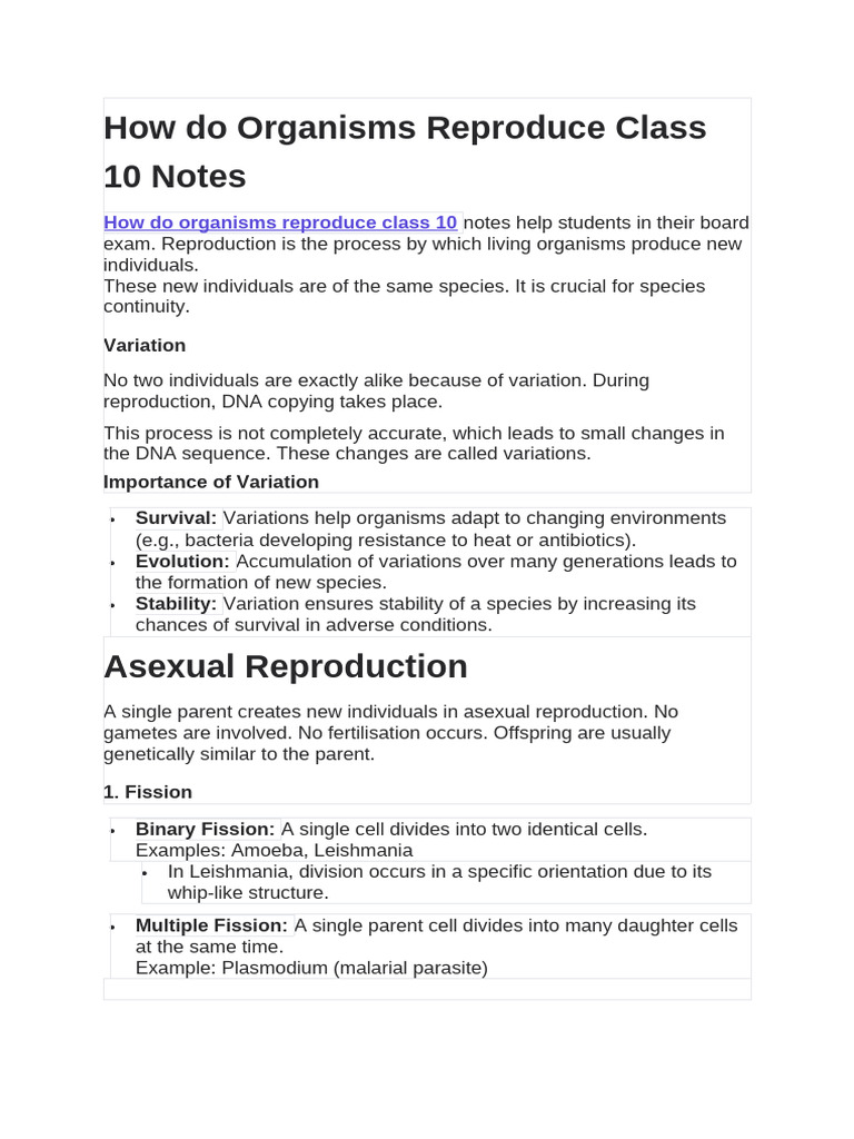 How Do Organisms Reproduce Class 10 Notes 7 | PDF | Reproduction ...