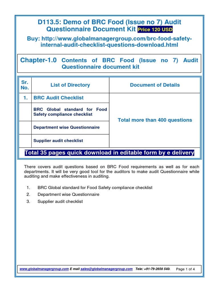 Brc Food Issue 7 Audit Checklist Regulatory Compliance Computer Hardware