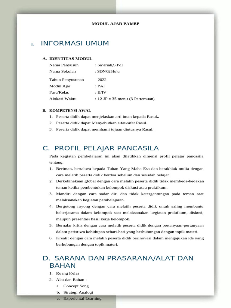 Modul Ajar Sa'Ariah 2022 Ke 2 | PDF