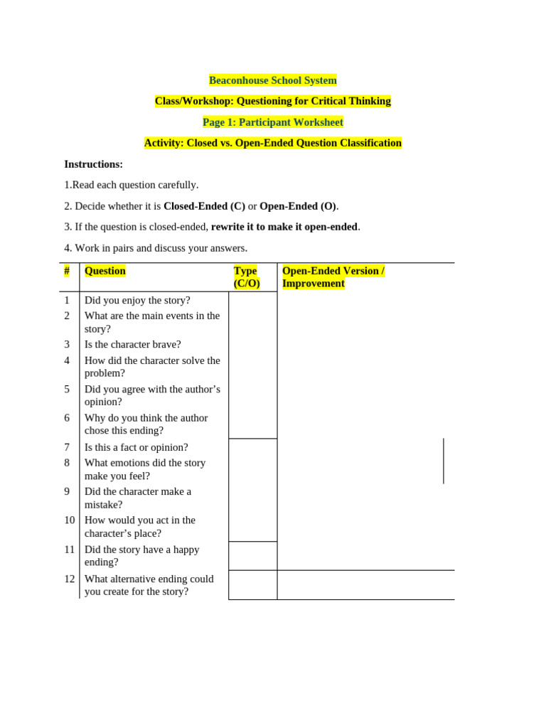 Question Classification Activity | PDF