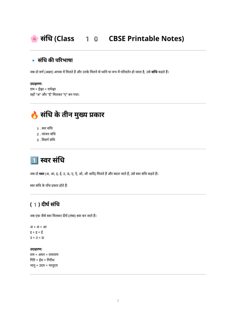 Sandhi Complete Printable Notes Class 10 | PDF