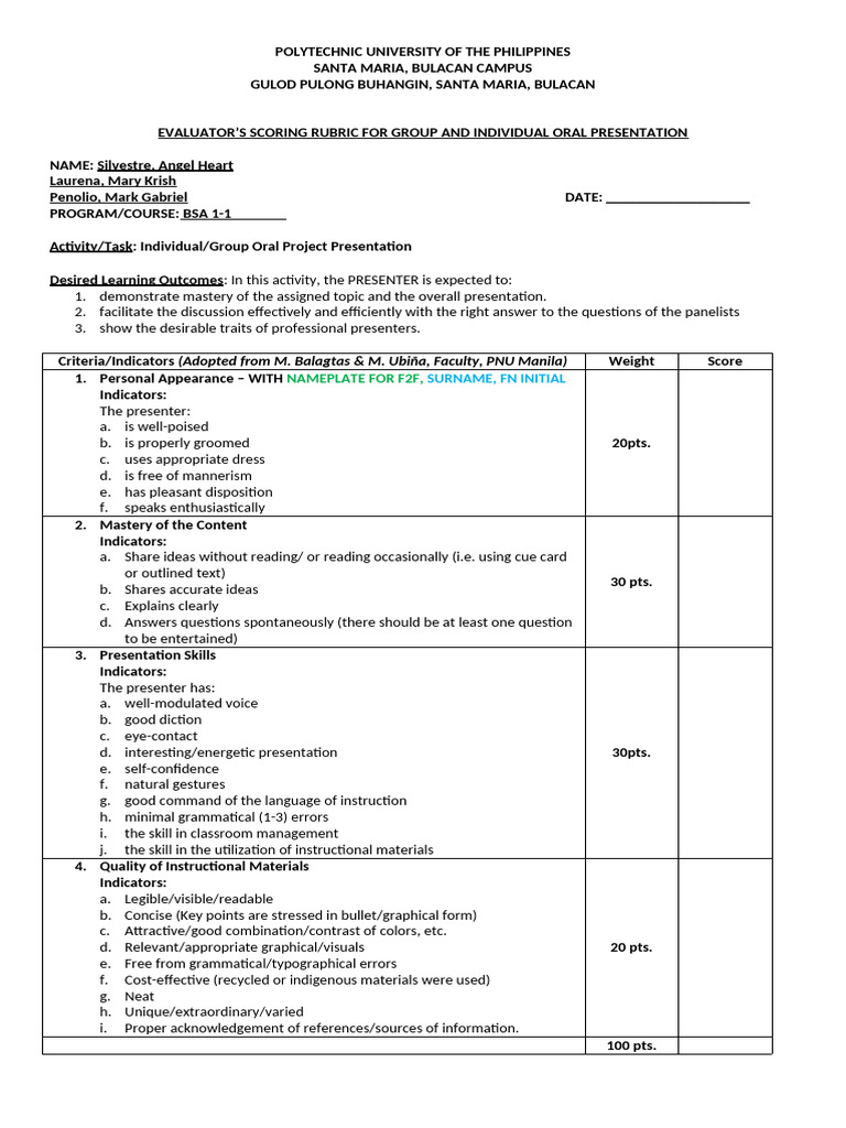 Oral Report Evaluation Rubric | PDF | Human Communication