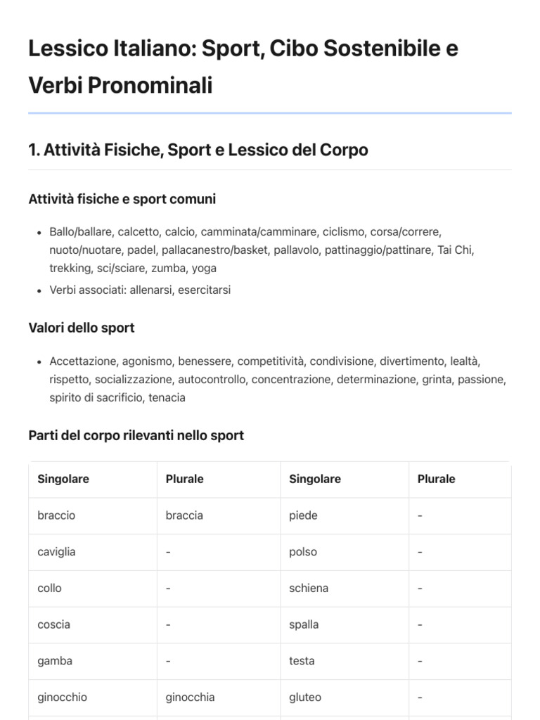 Lessico Italiano: Sport, Cibo Sostenibile e Verbi Pronominali | PDF