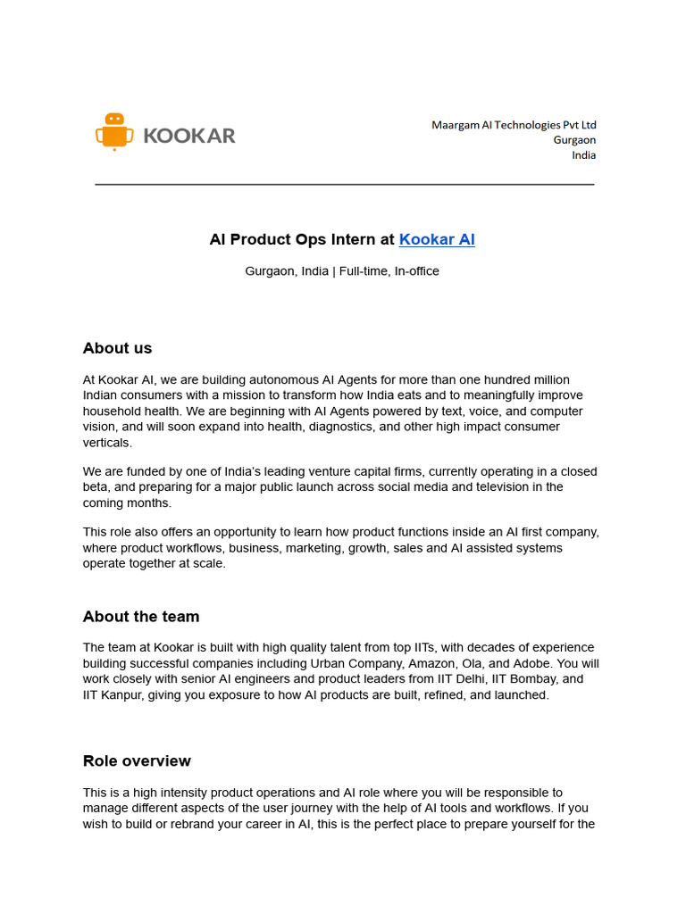 AI Product Ops Intern JD - Kookar AI | PDF | Artificial Intelligence ...