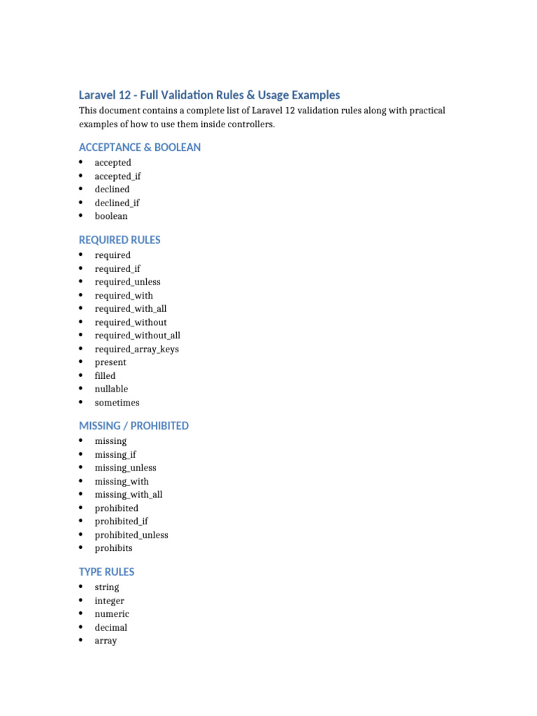 Laravel 12 Full Validation Rules | PDF | Computing | Computer Data