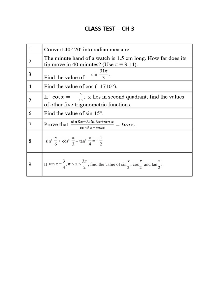 Class Test - CH 3 | PDF