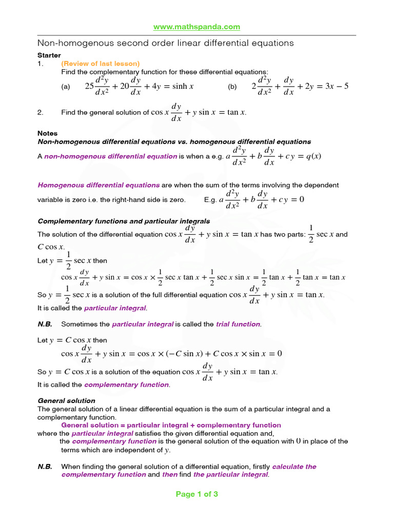 Non-Homogenous 2nd Order Linear de LESSON | PDF | Ordinary Differential ...