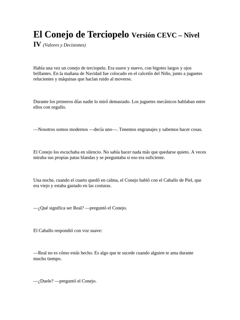 El Conejo de Terciopelo Versión CEVC | PDF