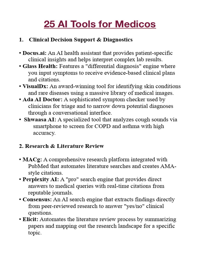 25 AI Tools For Medicos | PDF | Medical Diagnosis | Artificial Intelligence