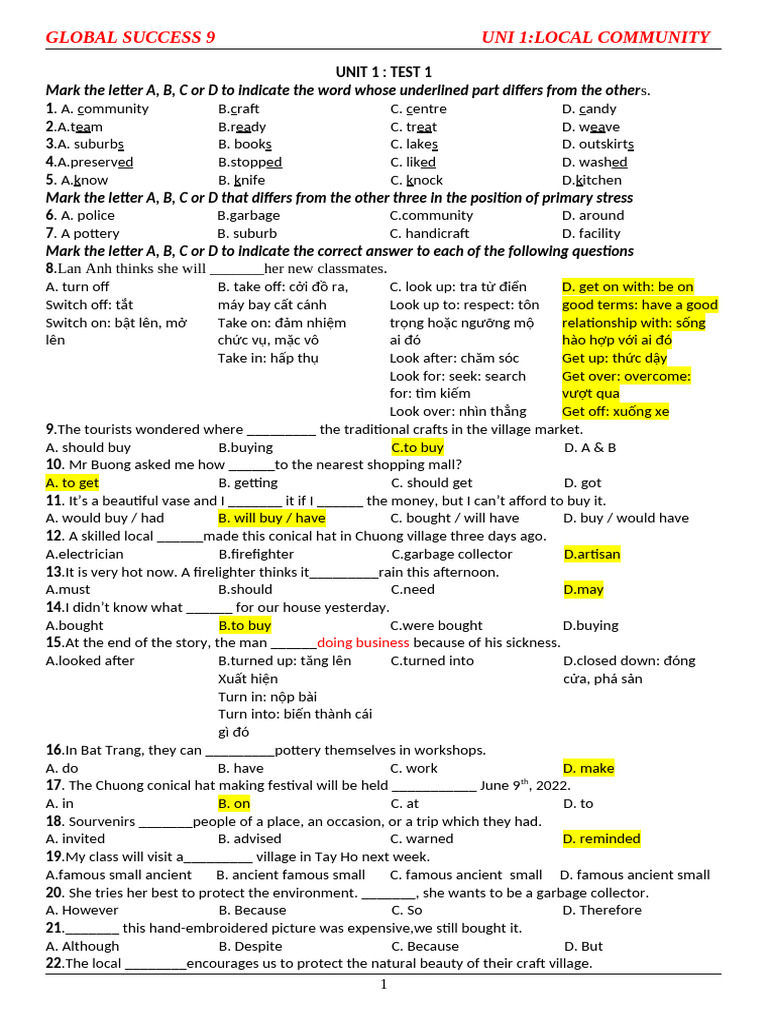 Bài Tập Bổ Trợ Global Success 9 Unit 1 (Practice Test) | PDF
