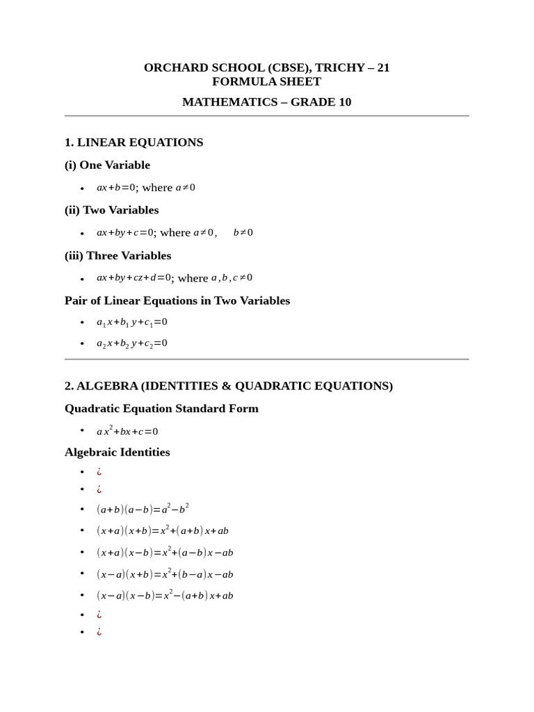 Formula Sheet GR 10 Maths | PDF | Area | Equations
