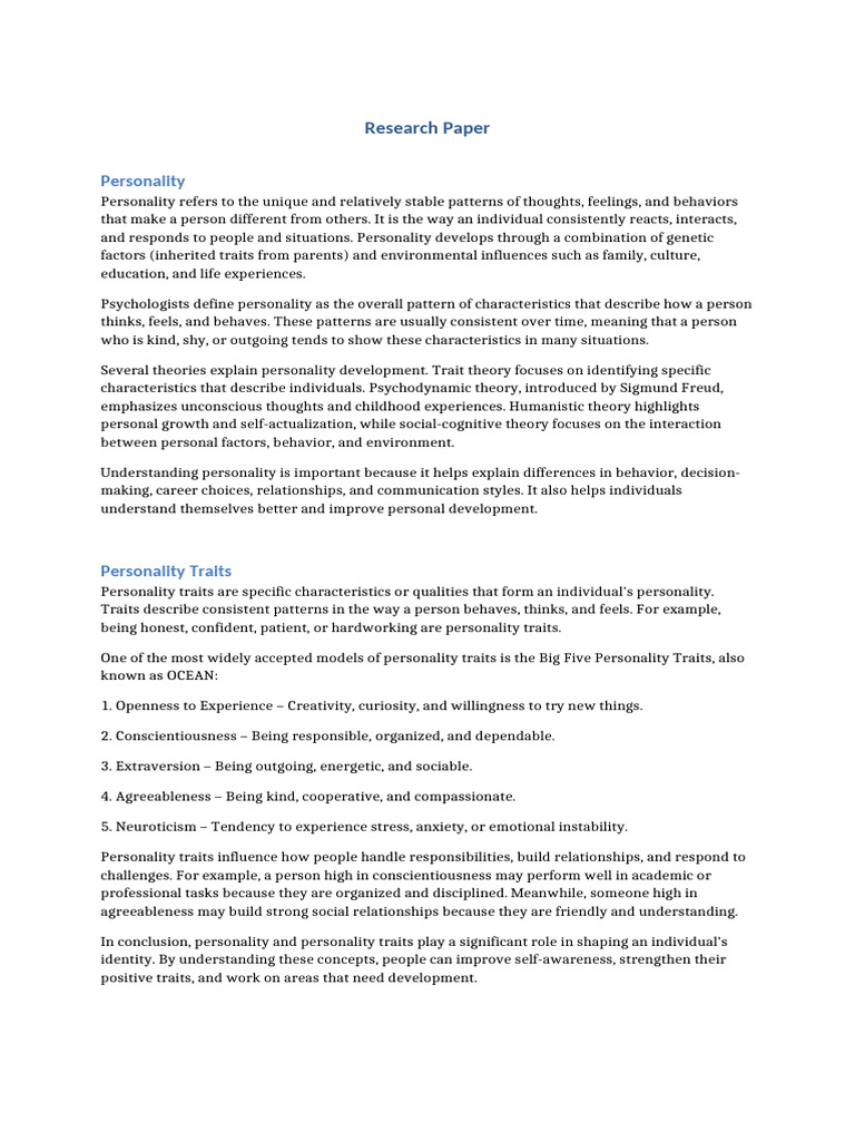 Personality and Personality Traits Research Long Bond Paper | PDF ...