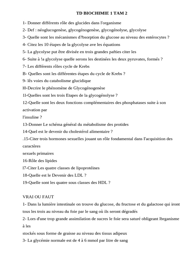 TD Biochimie 1 Tpam 2-1 | PDF | Cholestérol | Lipide