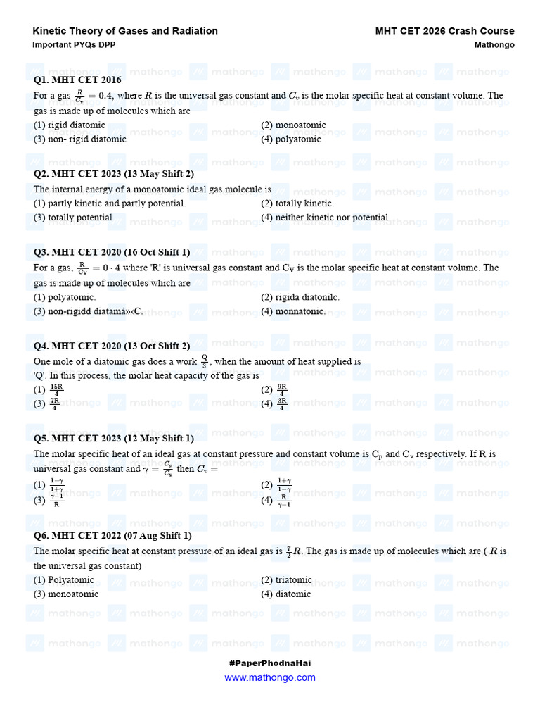 Kinetic Theory of Gases and Radiation - Important PYQs DPP | PDF ...