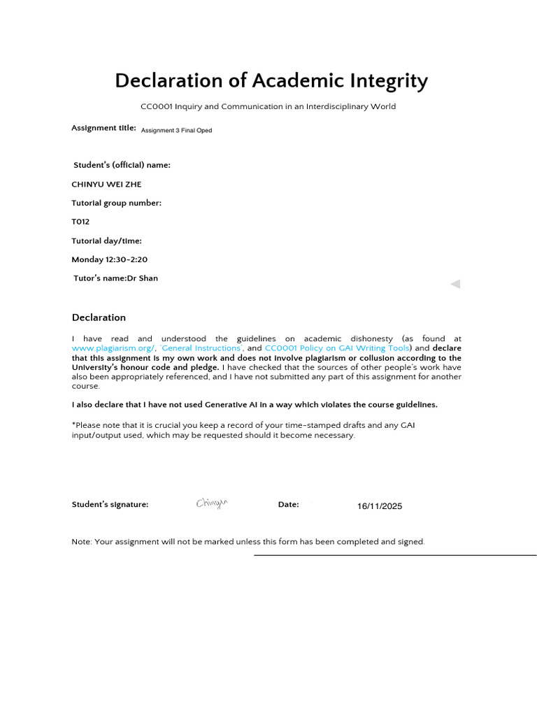 Declaration of Acaddemic Intergity - PDF 2 | PDF