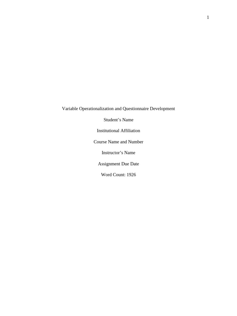 Other - Variable Operationalization and Questionnaire Paper - Completed ...