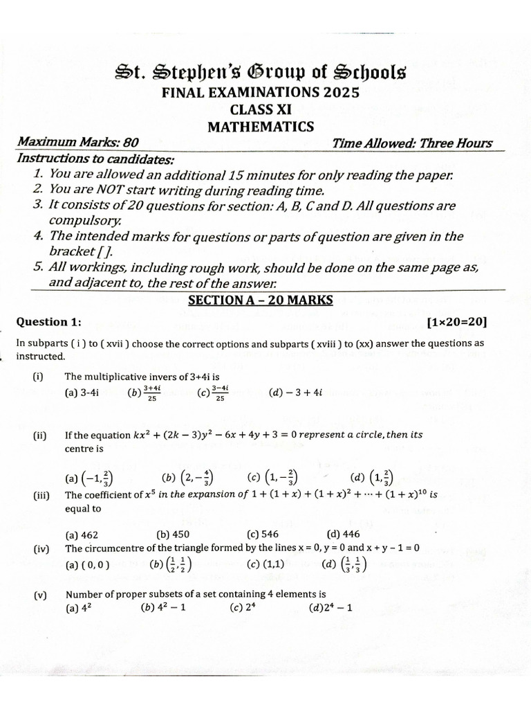 2026 Class 11 Mathematics Question Paper | PDF