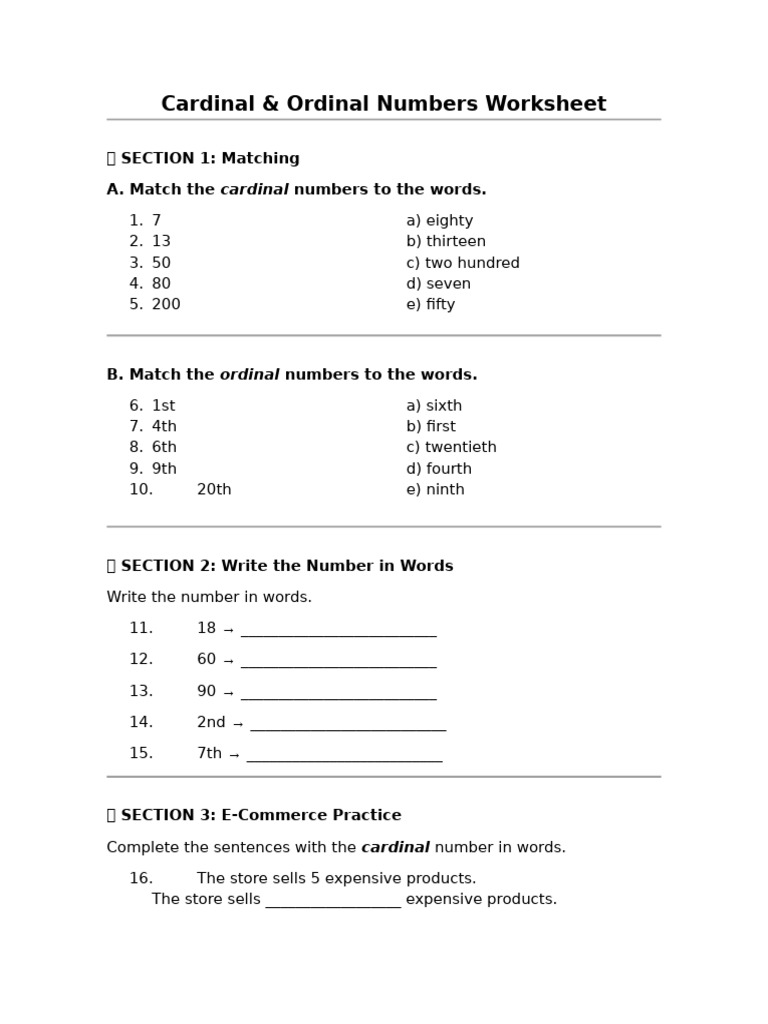 Cardinal and Ordinals Worksheet | PDF