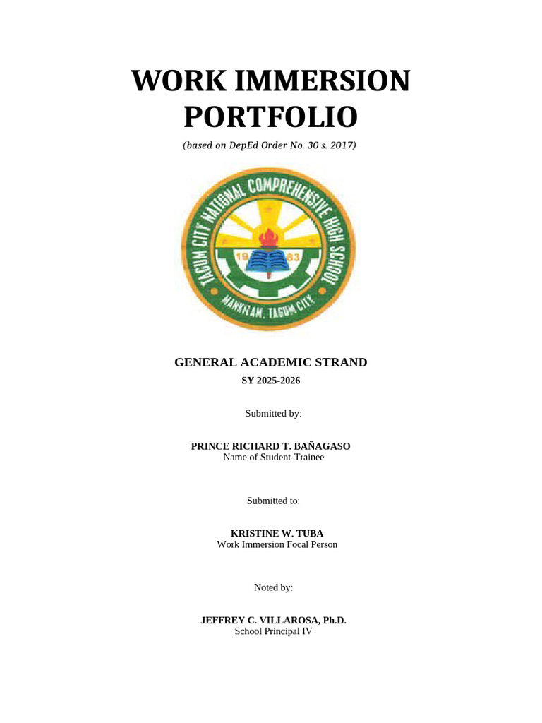 Work Immersion Portfolio Book Cover | PDF