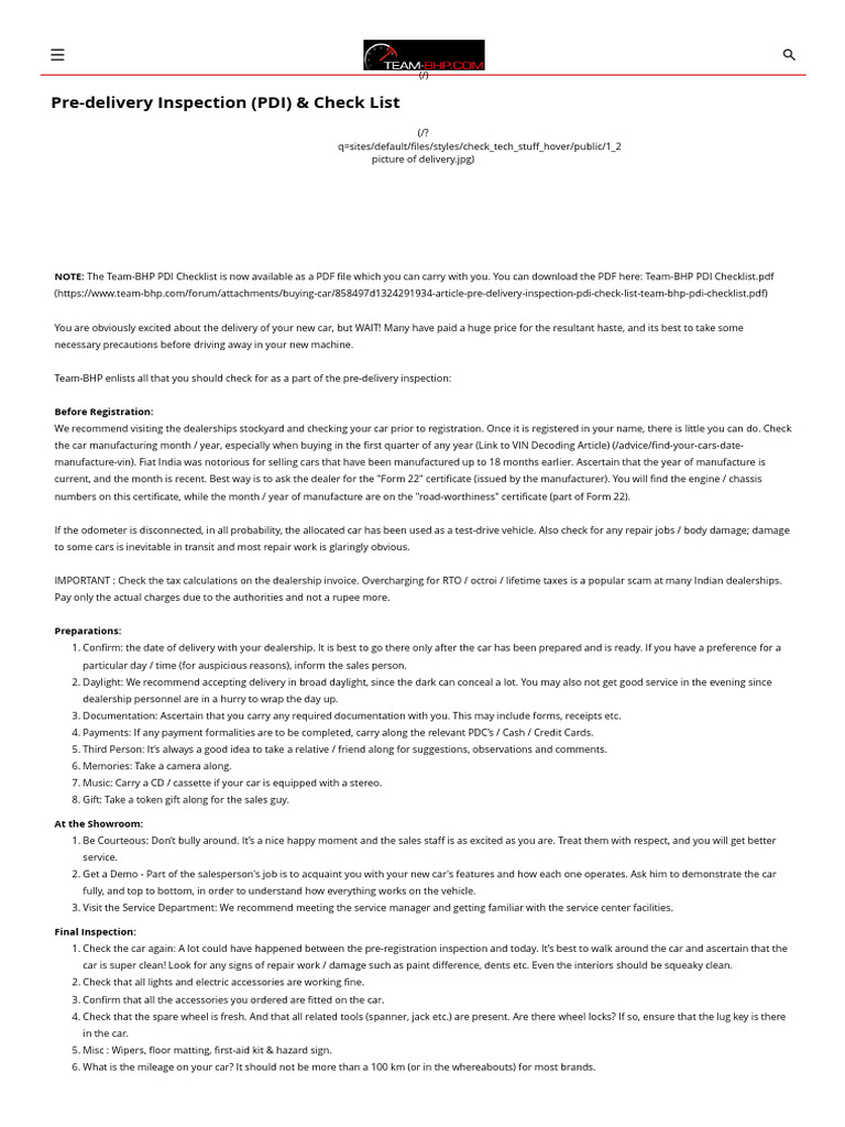 Pre-Delivery Inspection (PDI) & Check List - Team-BHP | PDF | Land ...