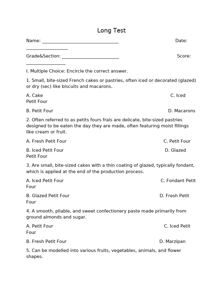 Long Test BPP | PDF | Cakes | Custard