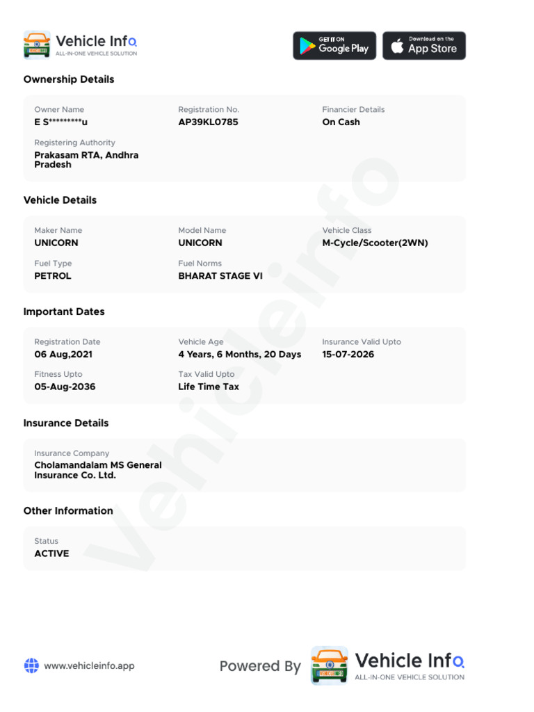 Ownership Details: E S U AP39KL0785 On Cash | PDF