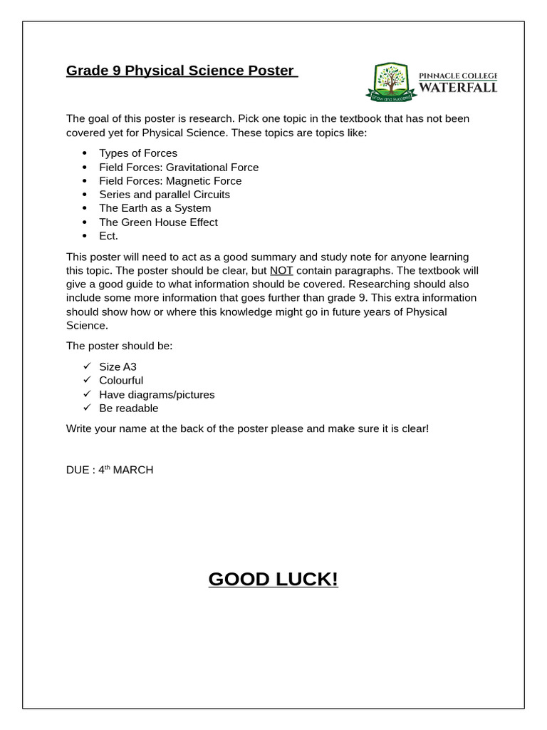 Grade 9 Physical Science Poster | PDF