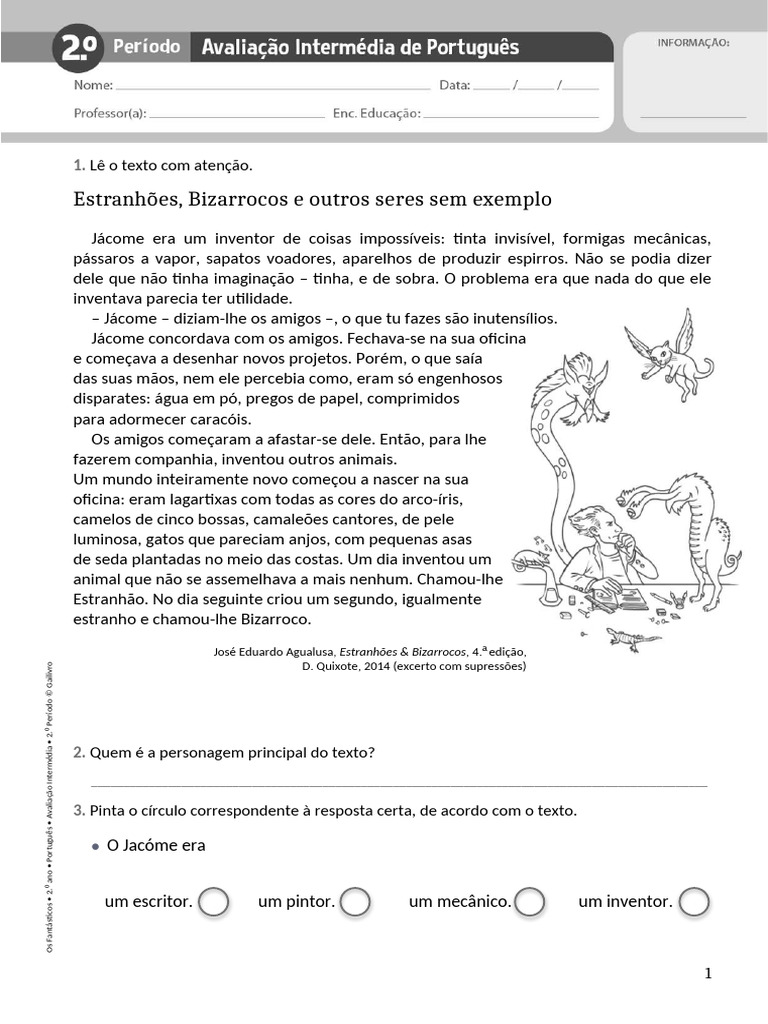Avaliação Intermédia de Português - 2.º Período | PDF
