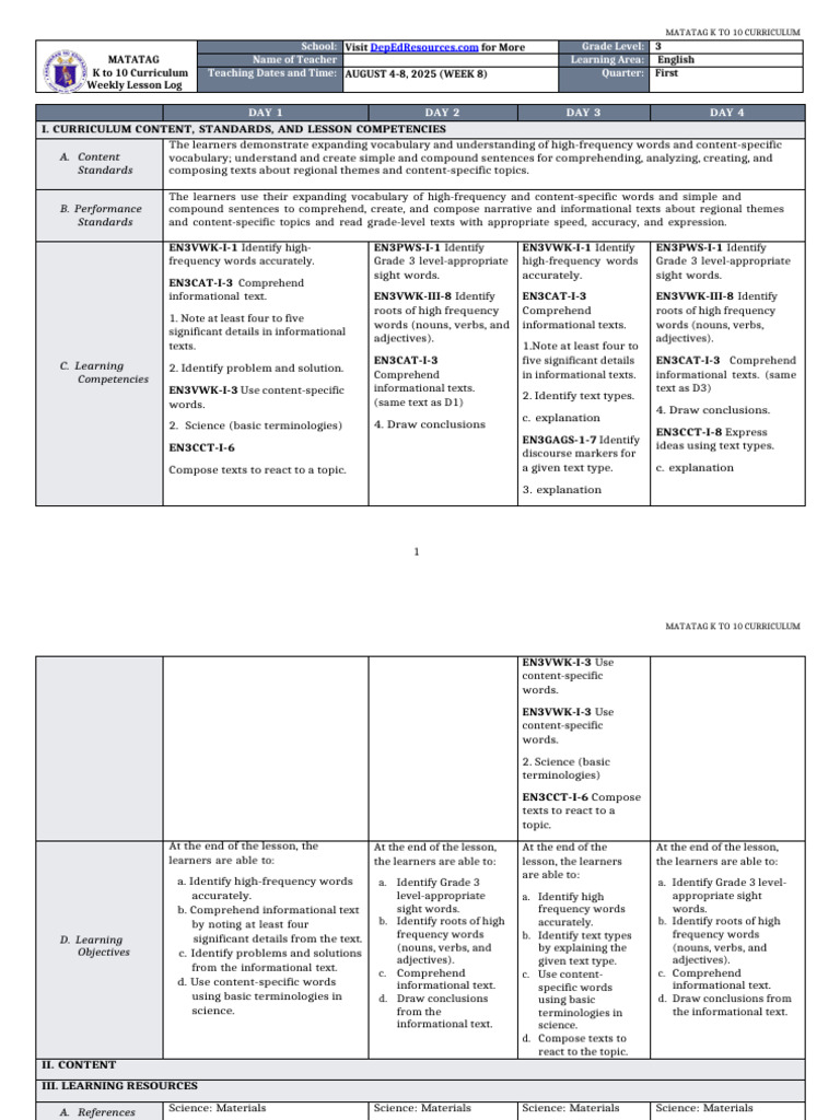 DLL Matatag English 3 q1 w8 | PDF | Word | English Language