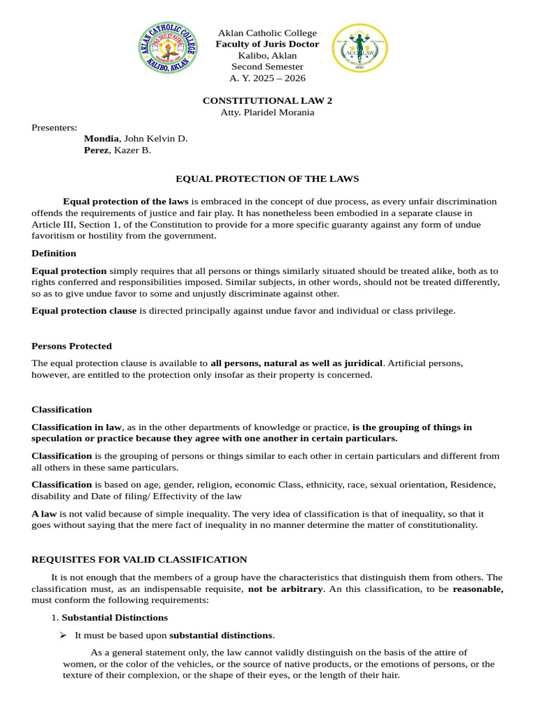 Equal Protection of Law Report | PDF | Strict Scrutiny | Suspect ...