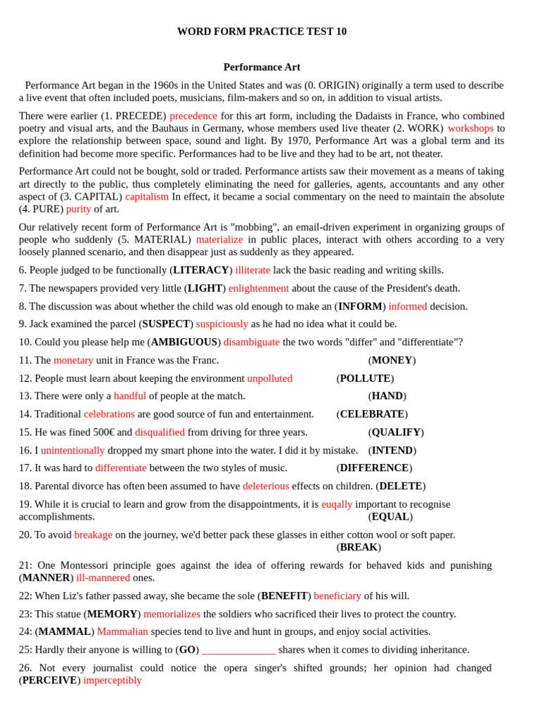 Word Form Practice Test 10 | PDF | Performance Art | Literacy